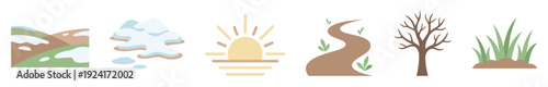 Set of six minimalist nature icons showing seasonal changes from winter to spring with hills, snow, sun, path, bare tree, and grass in a flat vector style