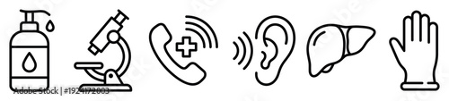 Set of black medical line icons including a sanitizer dispenser, microscope, emergency phone call, hearing symbol, human liver, and a protective glove