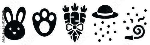 Set of black silhouette icons for Easter and celebration featuring a bunny, paw print, carrots, top hat, and party horn in a minimalist flat vector style illustration