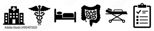 Black medical icon set featuring a hospital, caduceus symbol, patient bed, intestines, stretcher, and clipboard checklist representing various healthcare and hospital services