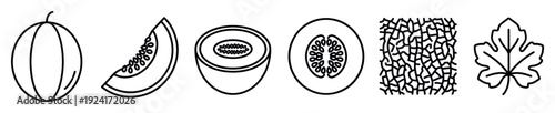 Black line art melon icon set showing a whole fruit, slice with seeds, half cut, cross section, netted skin texture, and a leaf in a simple graphic style