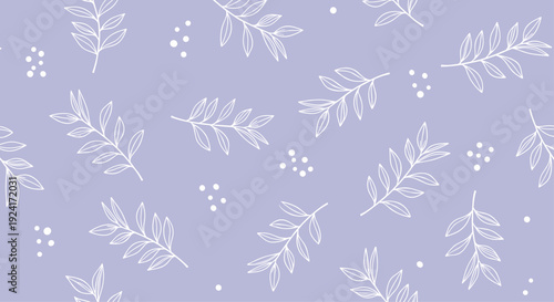 Elegant seamless pattern features delicate white hand-drawn leafy branches and dots scattered across a calming pastel lavender background.