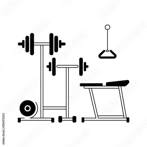 A graphic illustration of various gym equipment for a workout routine
