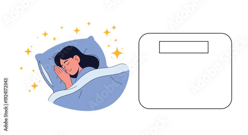 Conceptual illustration for health and wellness contrasts a woman sleeping peacefully with a blank bathroom scale for weight management.