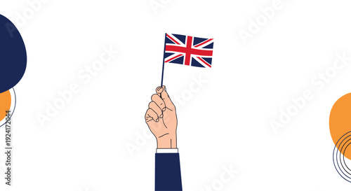 Raised hand proudly holds the Union Jack flag of the United Kingdom against a background with modern, abstract geometric shapes.