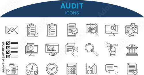 Vector collection of audit and compliance line icons including checklists, reports, analytics, verification and financial review symbols