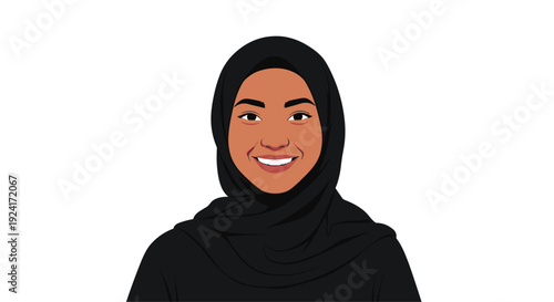 Smiling portrait of a beautiful young Muslim woman with dark skin wearing a traditional black hijab, shown in a positive avatar.