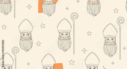 Artistic seamless pattern for Sinterklaas features hand-drawn faces of Saint Nicholas, crosiers, and stars on a neutral background.