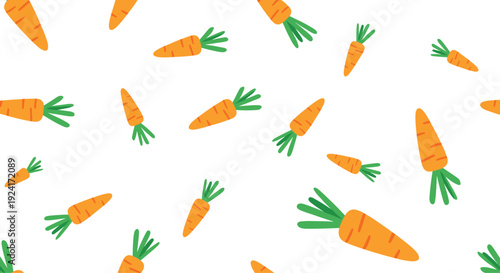 Simple and cute seamless pattern of bright orange carrots with green tops scattered randomly across a clean white background.