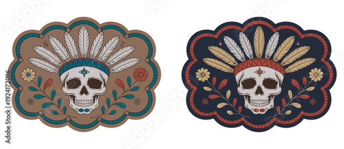 Skull with Feathered Headdress Label Belt Buckle Old West Cowboy Style
Stylized skull with feathered headdress label design, old west cowboy style belt buckle featuring apache tag elements and silhoue