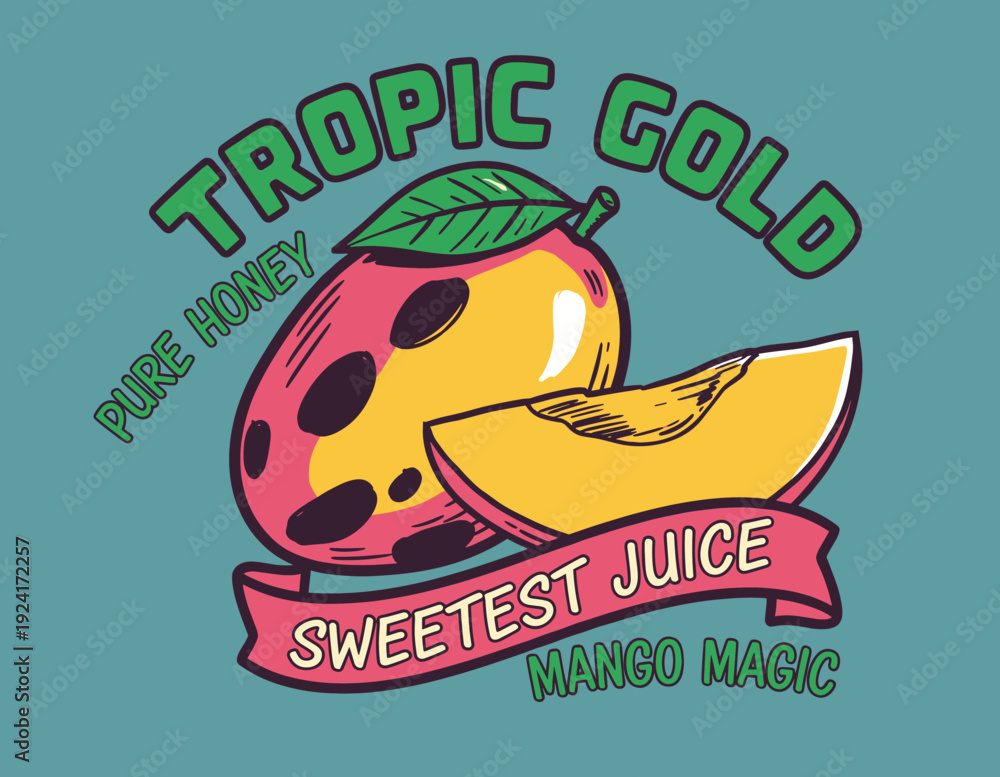 Fototapeta premium Tropical mango juice illustration. Sweetest fruit beverage graphic. Pure honey mango design. Refreshing summer drink print. Exotic mango vector artwor