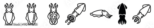 Collection of black squid and cuttlefish icons presented in a minimalist line art and silhouette style, showing various designs for seafood or marine life concepts