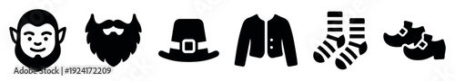 Set of black leprechaun costume icons including a face, beard, top hat, jacket, striped socks, and buckled shoes for a festive holiday celebration design