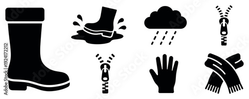 Black silhouette icons of autumn weather essentials including a rubber boot, puddle, rain cloud, zipper, glove, and scarf in a simple minimalist glyph style