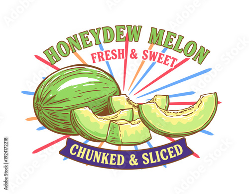 Honeydew melon fresh sweet. Fruit graphic print design. Summer healthy food art. Melon chunks and slices. Organic market graphic.