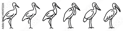 Set of six hand-drawn stork illustrations in a minimalist black line art style arranged in a simple horizontal row showing different standing poses of the elegant bird