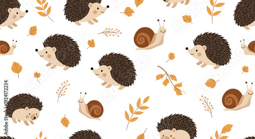 Cute autumn seamless pattern features adorable hedgehogs, smiling snails, and falling leaves on a clean and simple white background.