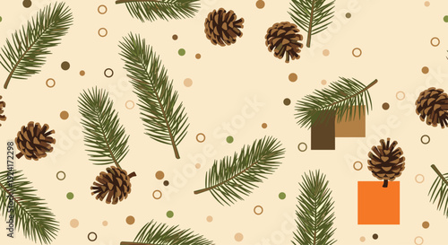 Festive seamless pattern for the winter holidays combines realistic pine cones and fir branches with abstract geometric shapes and dots.