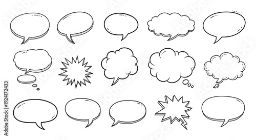 Collection of various hand-drawn speech and thought bubbles in a classic comic book sketch style, isolated on a white background.