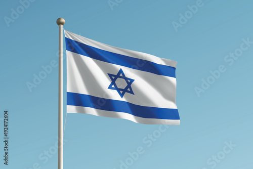 Israel national flag waving on pole against clear blue sky background.