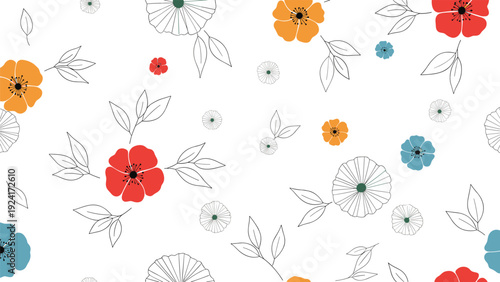 Cheerful seamless pattern featuring simple colorful flowers in red, orange, and blue with delicate stems on a bright white background for spring.