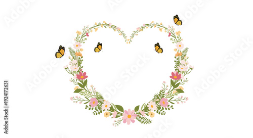 Delicate heart-shaped floral wreath is beautifully arranged with various flowers and leaves, with monarch butterflies fluttering around it.
