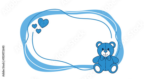 Charming blue-themed baby boy frame features a cute teddy bear, hearts, and a wavy border with plenty of copy space.