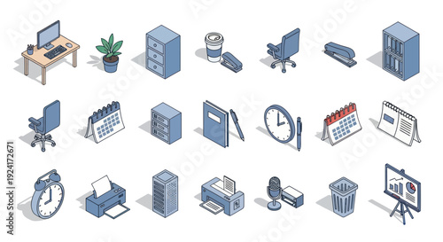 Isometric Office Items and Business Workplace Icons Set
