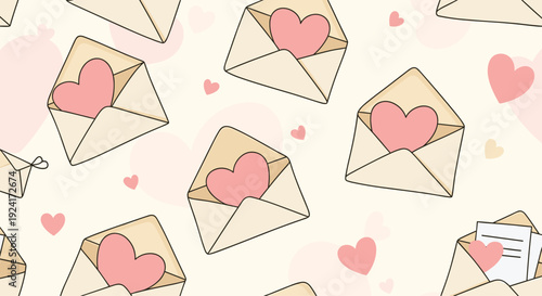 Romantic seamless pattern features hand-drawn envelopes opening to reveal pink hearts, perfect for Valentine's Day or wedding stationery.