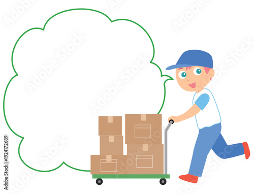 台車で荷物を運ぶ業者の男性のイラスト吹き出し付き