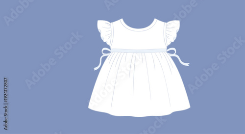 Technical flat sketch of a white baby girl's dress with flutter sleeves and a waist tie, shown on a light blue background.