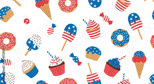Festive seamless pattern for the 4th of July is filled with patriotic American sweets like donuts, cupcakes, and ice cream.