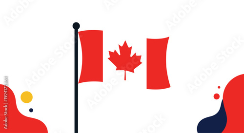 Stylized Canadian flag with its iconic red maple leaf waves on a flagpole against a background with abstract fluid shapes.
