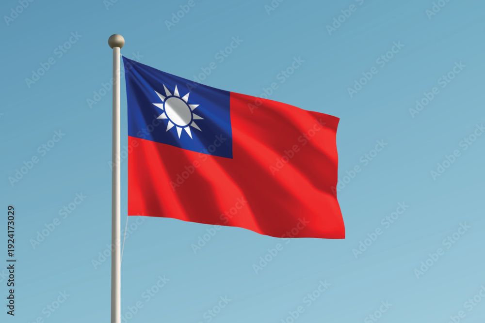 Naklejka premium Taiwan national flag waving on pole against clear blue sky background.