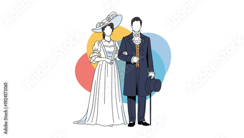 Victorian era couple in formal wedding attire, featuring a woman in a white gown and a man in a frock coat with a top hat, over a colorful backdrop.