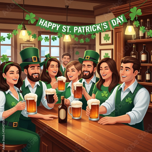 Group celebrating St. Patrick's Day with drinks in a lively pub  