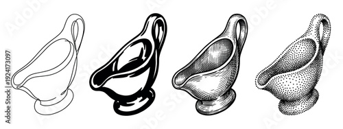 Set of four sauce boat illustrations showcasing different artistic styles including minimalist line art, bold silhouette, classic vintage engraving, and dotwork stippling