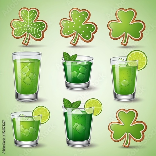 Shamrock cookies and green drinks arranged on a green background  