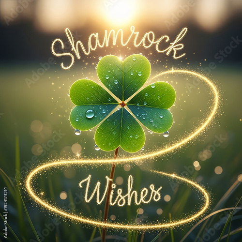 Shamrock with dew drops and glowing wishes in blurred background  