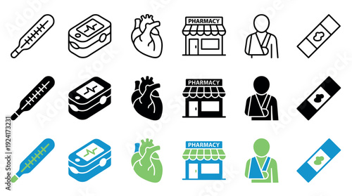 Medical and healthcare vector icon set showing a thermometer, pulse oximeter, human heart, pharmacy, and injured person in outline, glyph, and color graphic styles