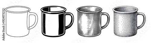 Four black and white illustrated mugs in different artistic styles including line art, graphic silhouette, engraving, and stippling, showcasing a progression of rendering techniques