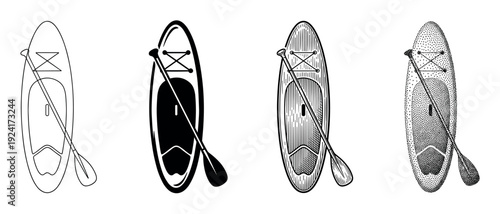 Set of four stand-up paddleboards with paddles presented in various artistic styles including line art, silhouette, engraving, and stippling for graphic design elements