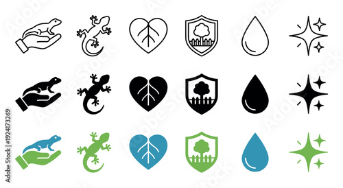 Set of nature and conservation icons in outline, solid, and color styles, featuring a lizard, gecko, leaf heart, tree shield, water drop, and sparkle symbols
