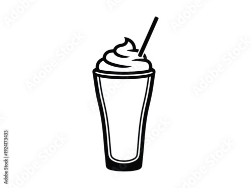 Delicious black and white outline vector illustration of a tall glass filled with a milkshake topped with whipped cream and a straw.