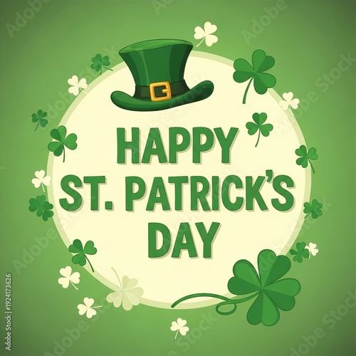 Happy St. Patrick’s Day greeting with green clovers and hat  