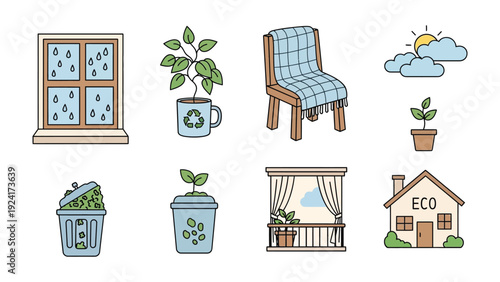 Eco-Friendly Icons: Delightful illustrations showcasing environmentally conscious elements, depicting themes of recycling, and sustainable living.