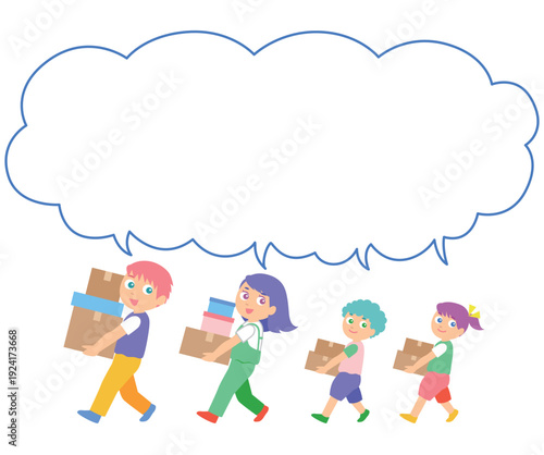 荷物運ぶ四人家族のイラスト吹き出し付き
