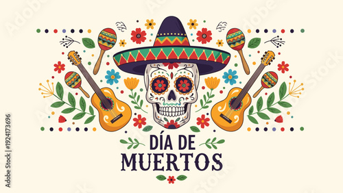 Horizontal Dia de Muertos banner featuring a central sugar skull surrounded by guitars, maracas, and flowers in a vibrant Mexican folk art style.