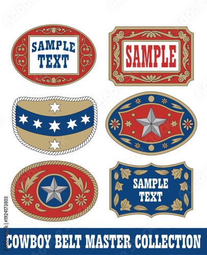 Western Style Cowboy Belt Buckle Label Master Collection Set Vector Bundle
Master collection set of western style cowboy belt buckle label designs, decorative rodeo emblems featuring ornate gold and s
