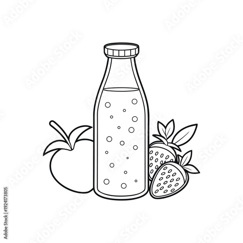 Bottle of fizzy drink with apple and strawberries illustration